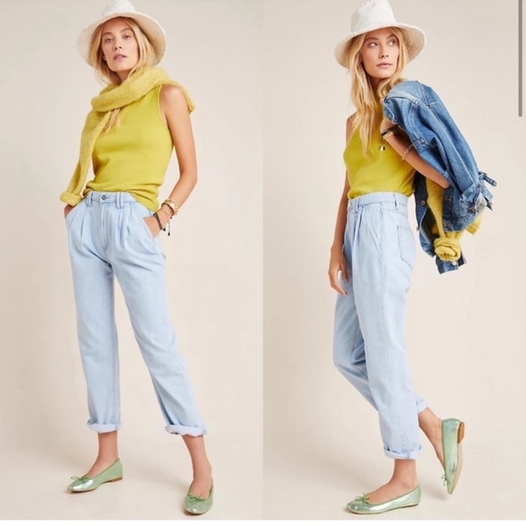 PAIGE Pleated Trouser Cuff Jean High Rise Light Wash Size 32 - Picture 1 of 16